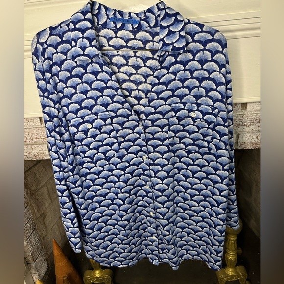 J. McLaughlin Nautical Blue and White Casual Linen Button down shirt - Picture 1 of 5